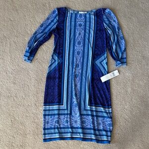 London Times Blue Geometric Long Sleeve Dress